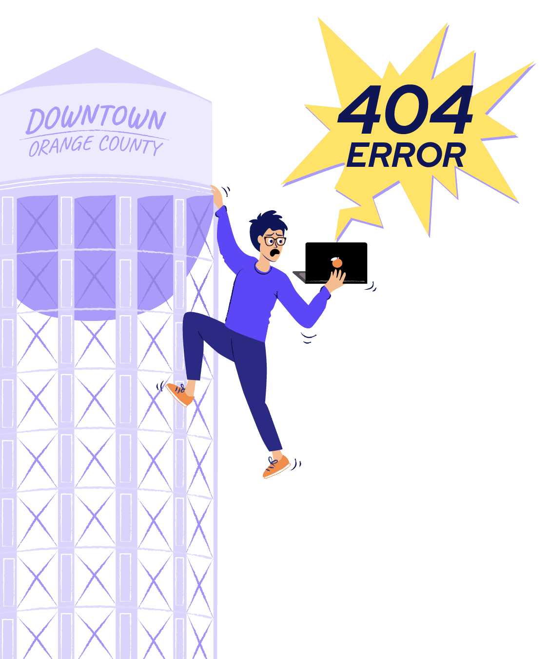 Illustration: a business owner clinging to the Downtown Orange County water tower, holding a laptop showing a 404 error